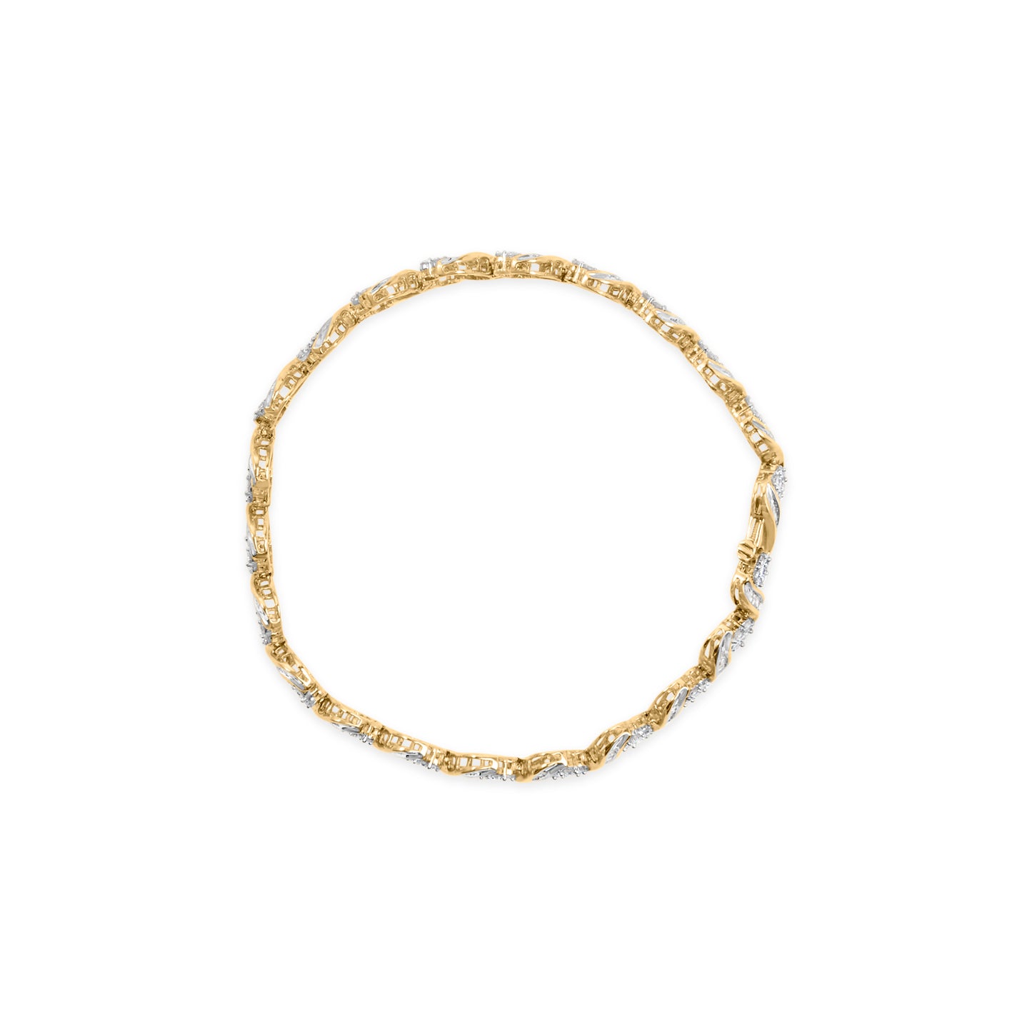Top-down view of a yellow bracelet featuring round gemstones in prong settings and baguette gemstones in channel settings forming a continuous pattern.