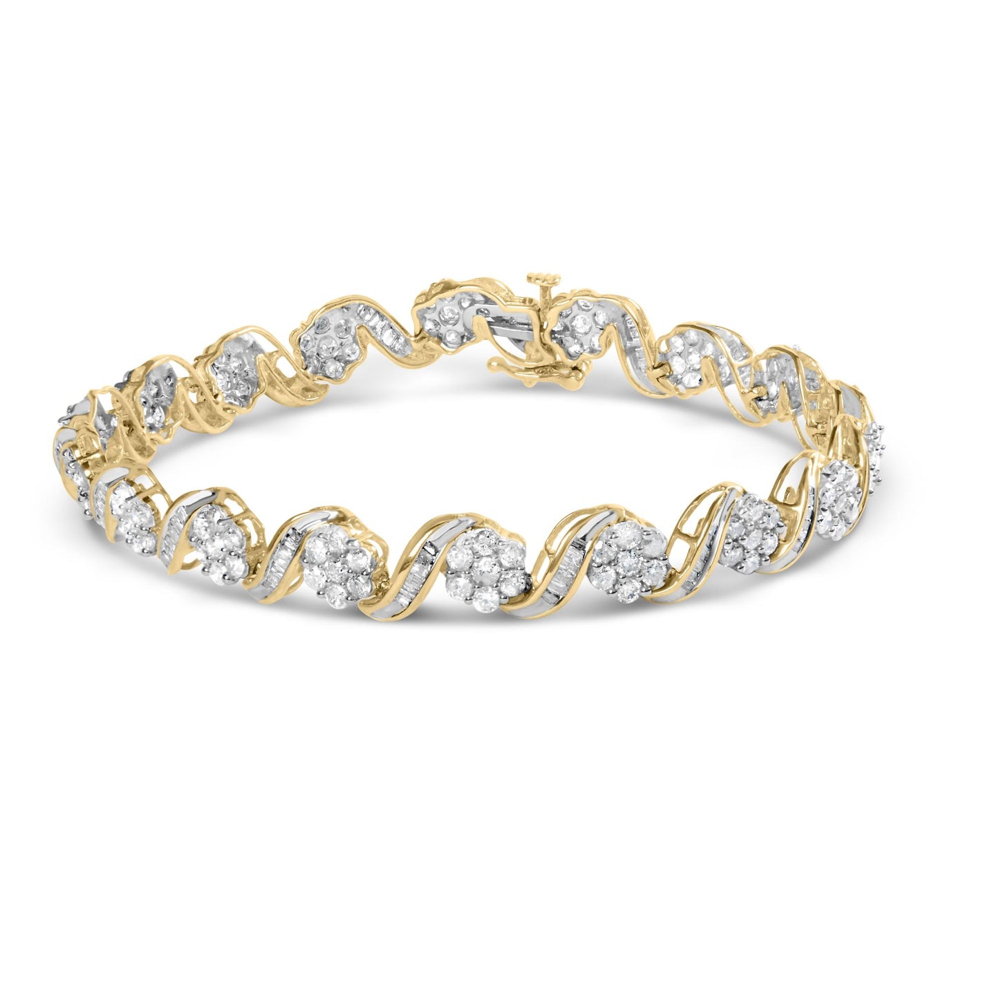 Yellow bracelet with alternating clusters of round white gemstones in prong settings and wavy sections featuring channel-set baguette white gemstones, shown in a front angle view.