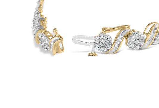 Close-up, angled side view of a yellow bracelet featuring round white gemstones in prong settings and baguette white gemstones in channel settings.