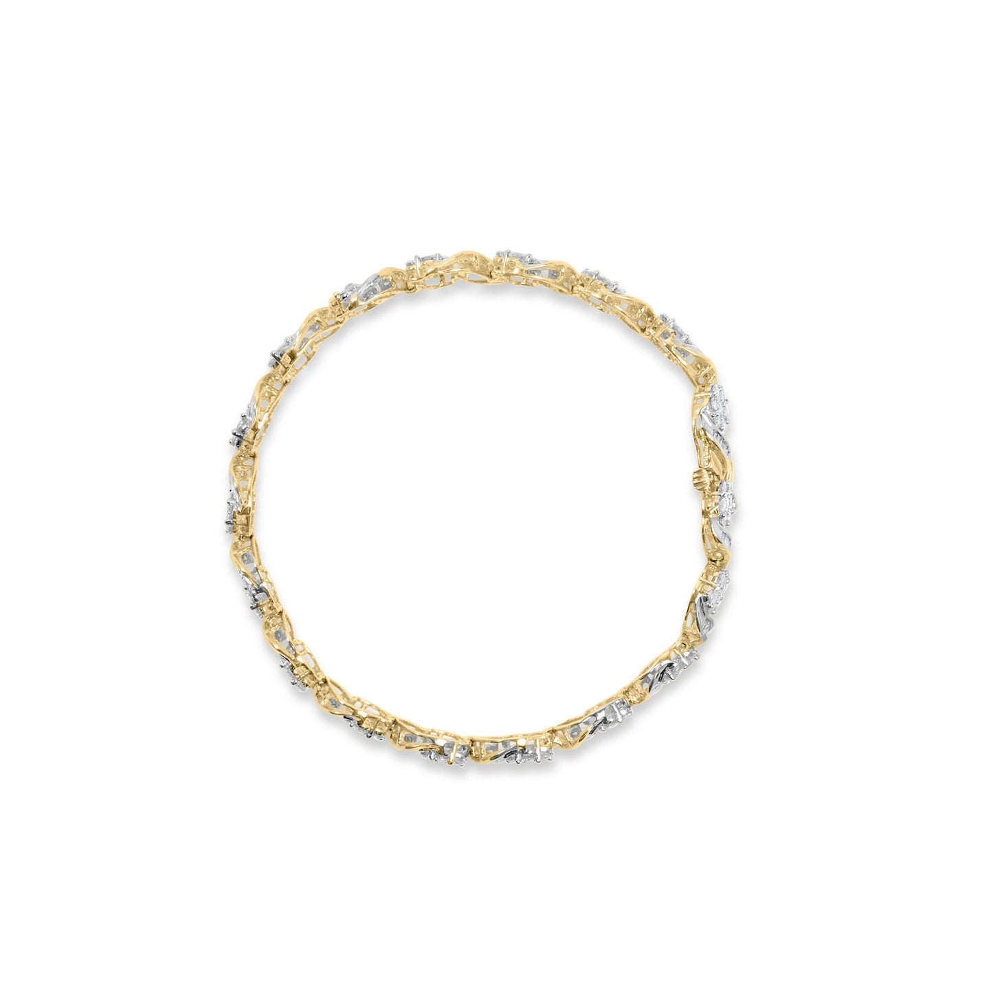 Top-down view of a yellow metal bracelet featuring round prong-set white gemstones and baguette channel-set white gemstones arranged in an alternating pattern.