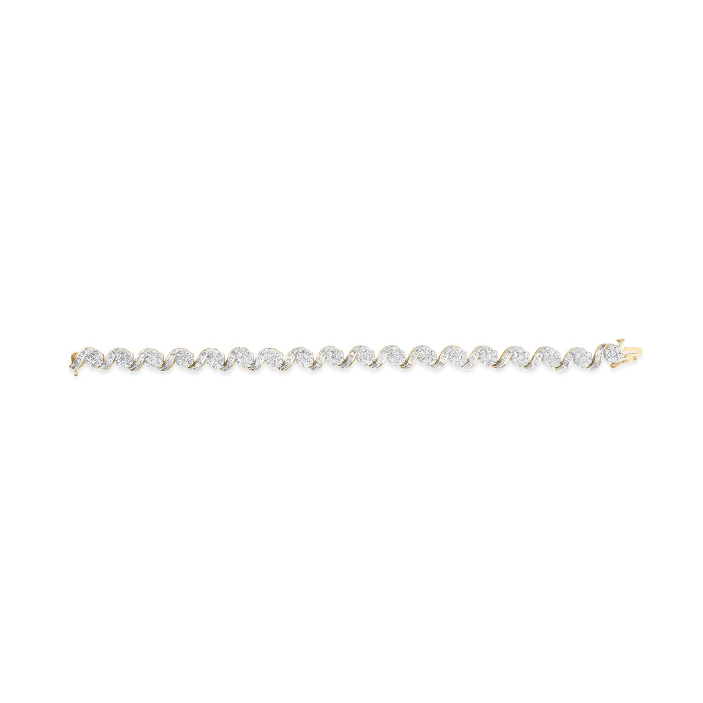 Straight-on view of a yellow bracelet with alternating sections of round prong-set white gemstones and curved rows of channel-set baguette white gemstones.