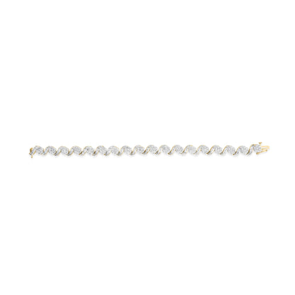 Straight-on view of a yellow bracelet with alternating sections of round prong-set white gemstones and curved rows of channel-set baguette white gemstones.