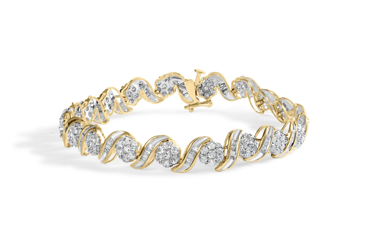 Yellow bracelet with alternating clusters of round white gemstones in prong settings and segments of baguette white gemstones in channel settings, shown in a front angled view.