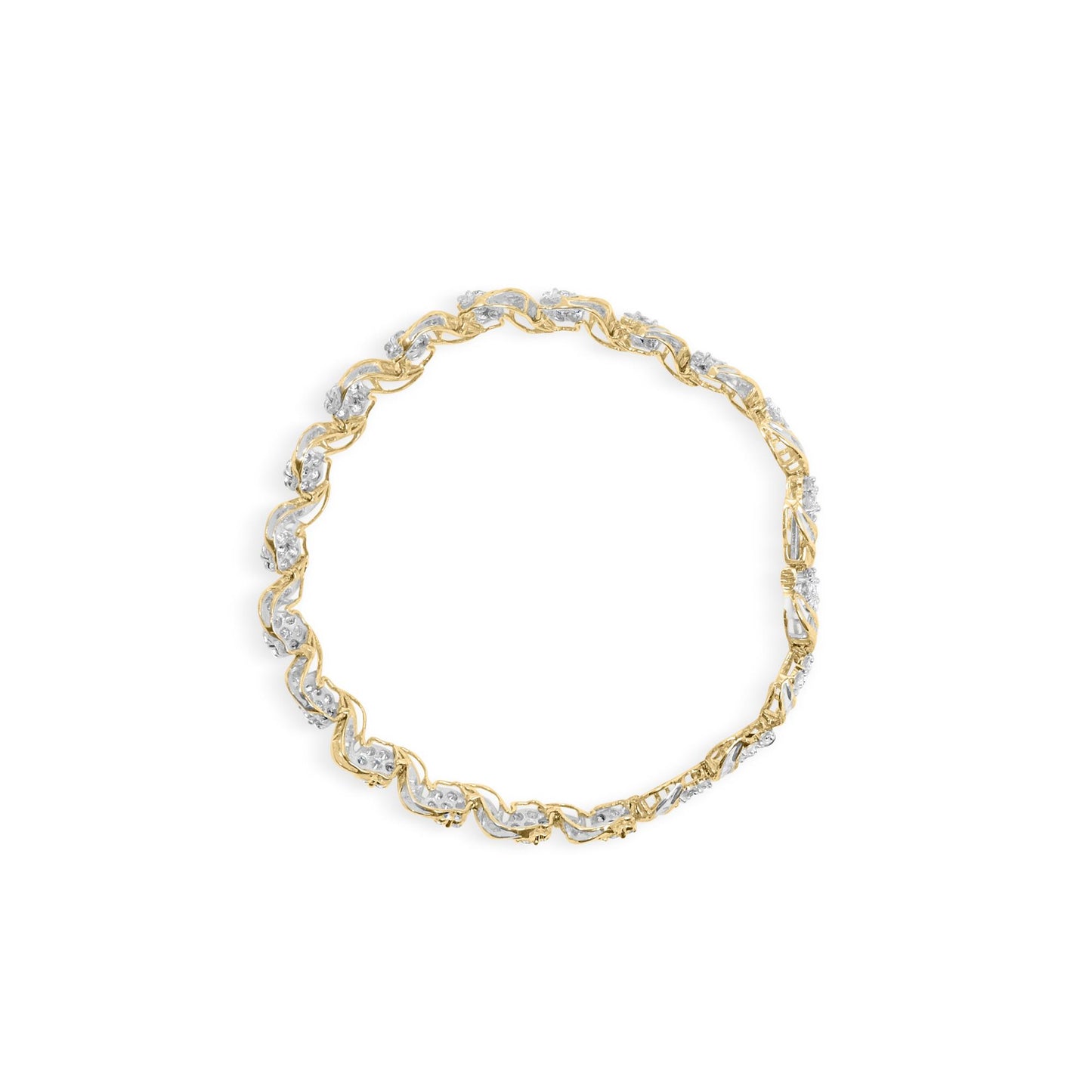 Top-down view of a yellow bracelet featuring alternating links with round white gemstones in prong settings and baguette white gemstones in channel settings.