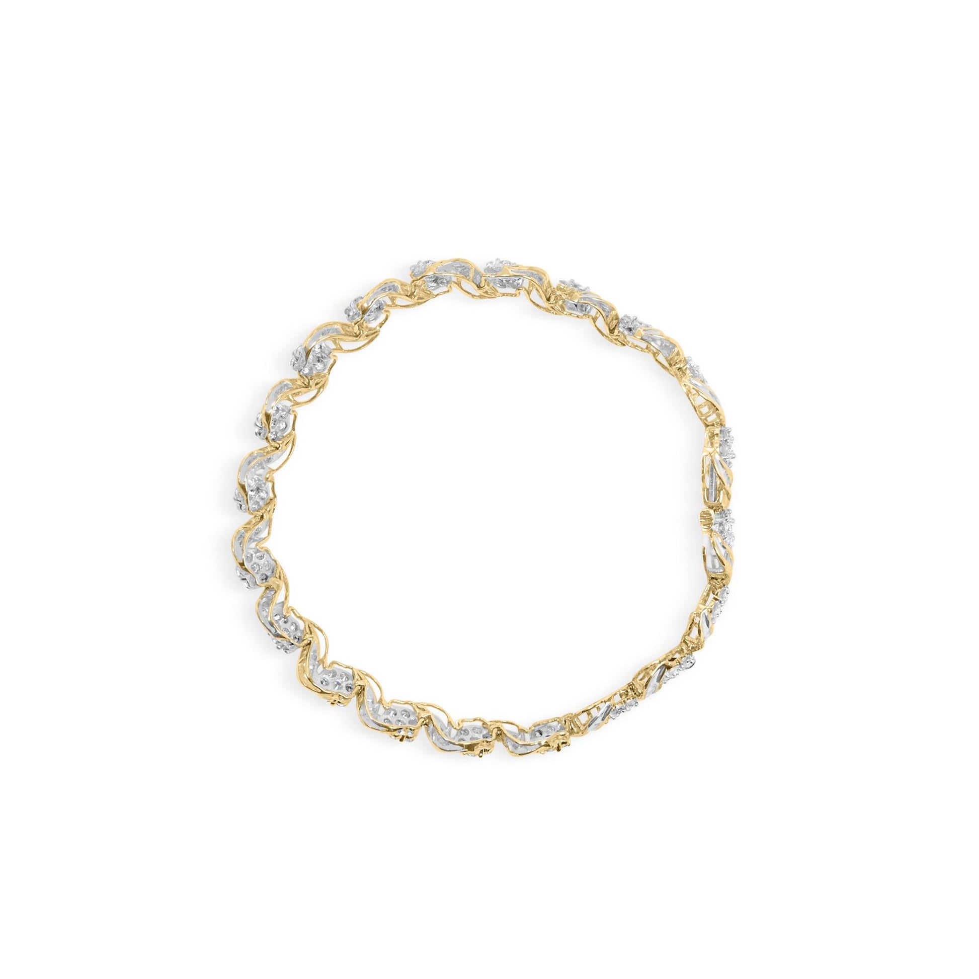 Top-down view of a yellow bracelet featuring alternating links with round white gemstones in prong settings and baguette white gemstones in channel settings.