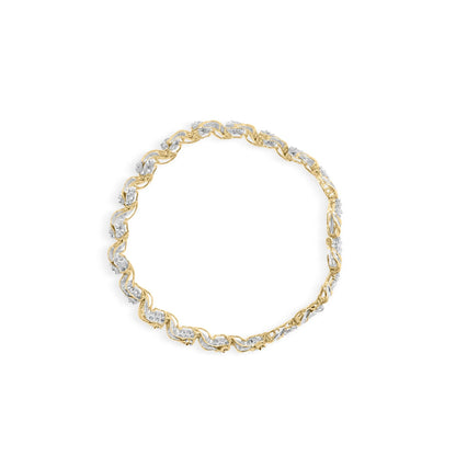 Top-down view of a yellow bracelet featuring alternating links with round white gemstones in prong settings and baguette white gemstones in channel settings.