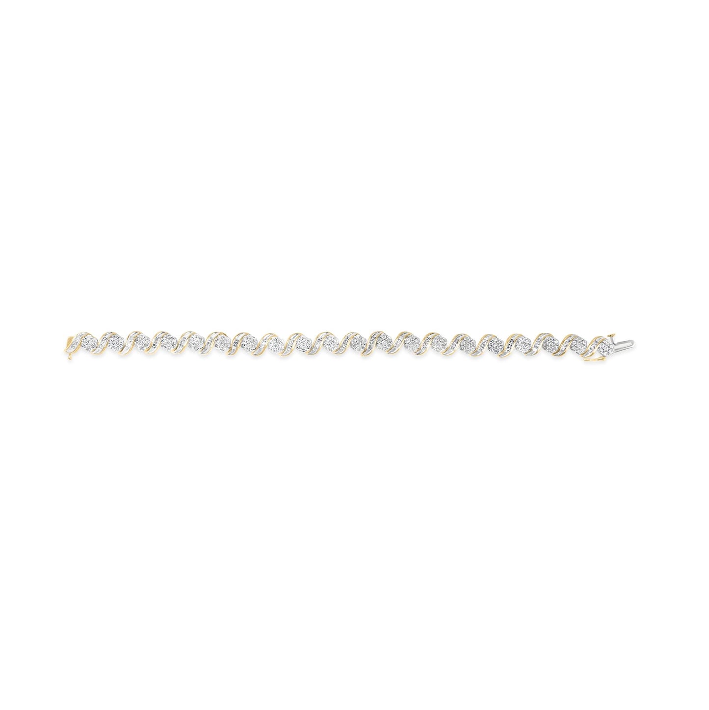 Yellow metal bracelet with alternating round prong-set white gemstones and twisted bands with channel-set baguette white gemstones, shown in a flat lay from above.