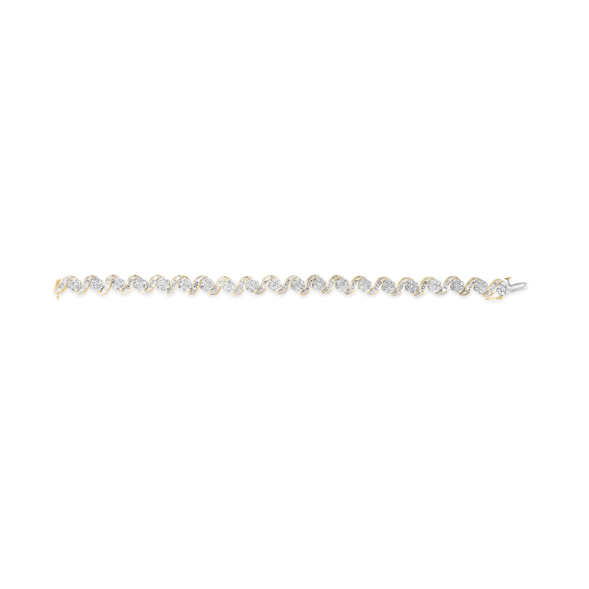 Yellow metal bracelet with alternating round prong-set white gemstones and twisted bands with channel-set baguette white gemstones, shown in a flat lay from above.