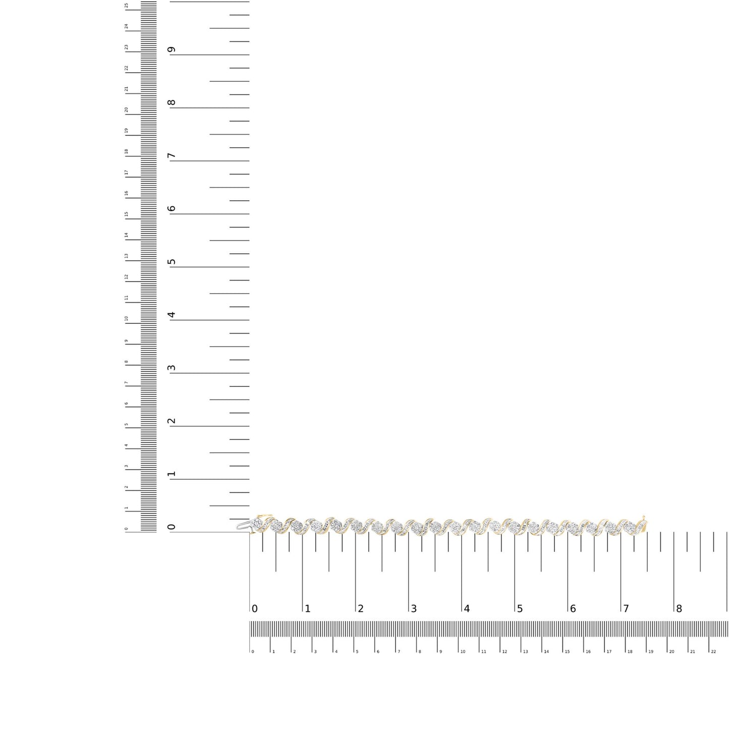 Yellow metal bracelet with alternating links set with white round gemstones in prong settings and white baguette gemstones in channel settings, shown flat on a ruler for size reference from a top-down angle.