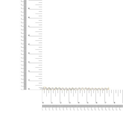 Yellow metal bracelet with alternating links set with white round gemstones in prong settings and white baguette gemstones in channel settings, shown flat on a ruler for size reference from a top-down angle.