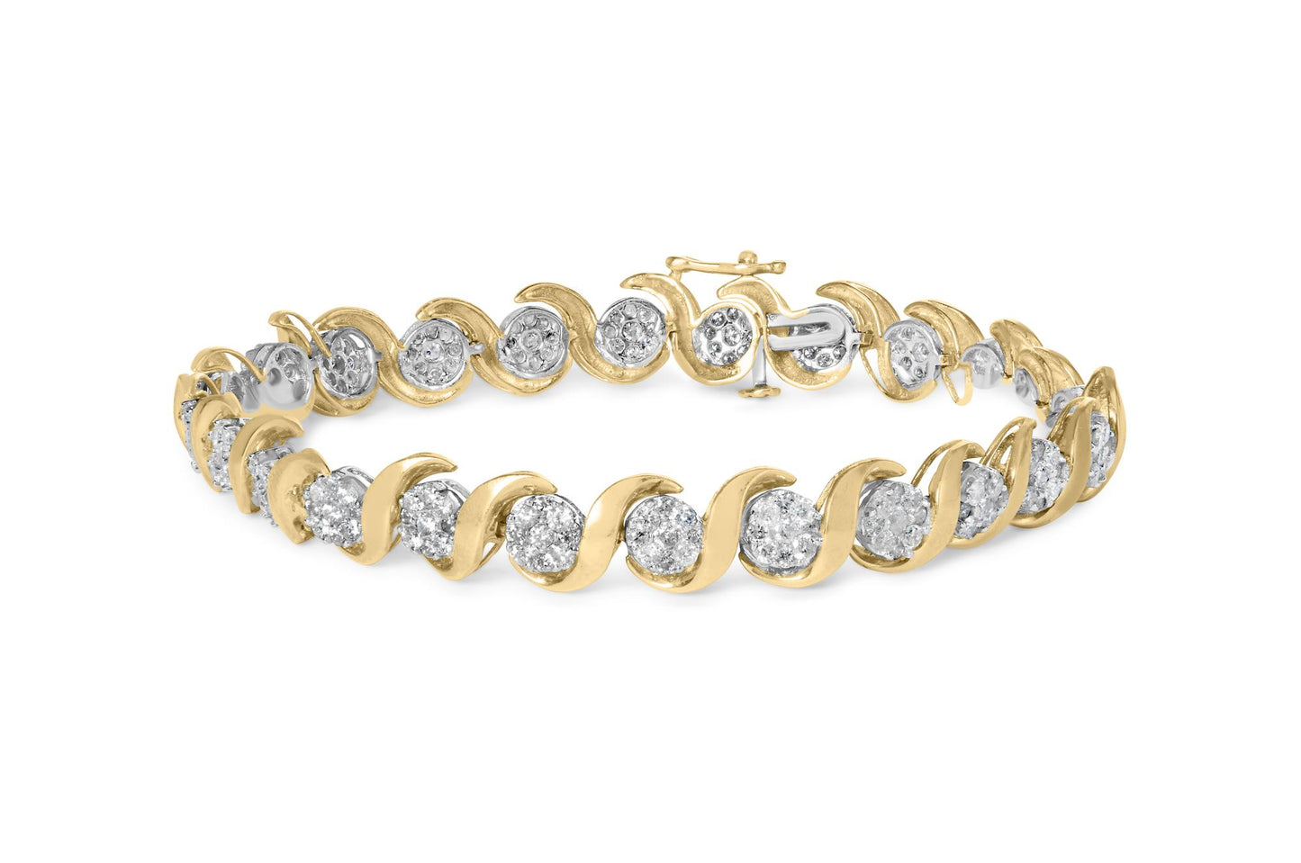 Yellow bracelet with alternating curved links and round settings with white gemstones, shown in a front angled close-up.