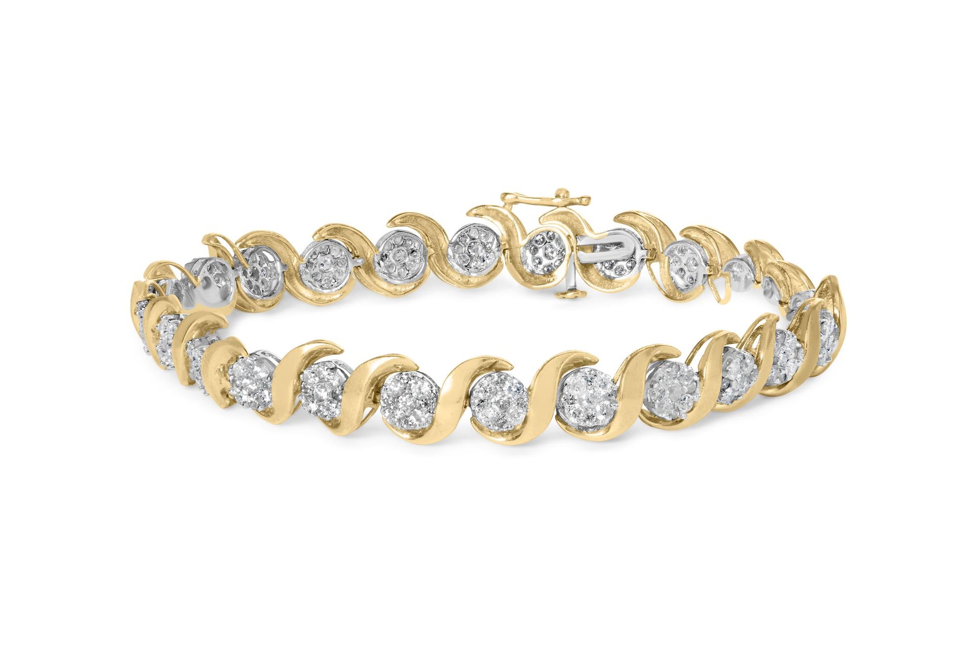 Yellow bracelet with alternating curved links and round settings with white gemstones, shown in a front angled close-up.