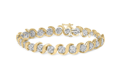 Yellow bracelet with alternating curved links and round settings with white gemstones, shown in a front angled close-up.