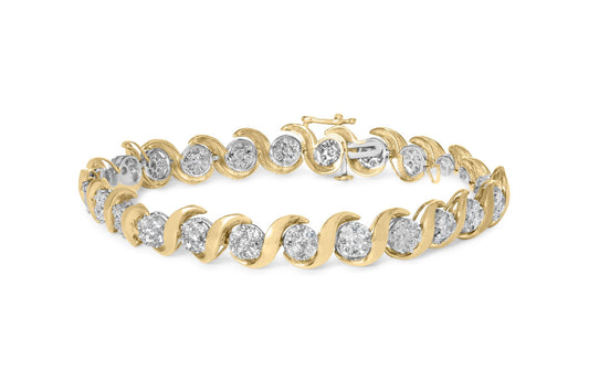Yellow bracelet with alternating curved links and round settings with white gemstones, shown in a front angled close-up.
