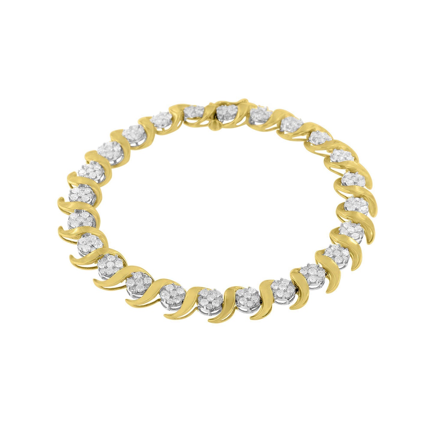Top-down angle of a yellow metal bracelet featuring alternating curved links and round white gemstones in prong settings.