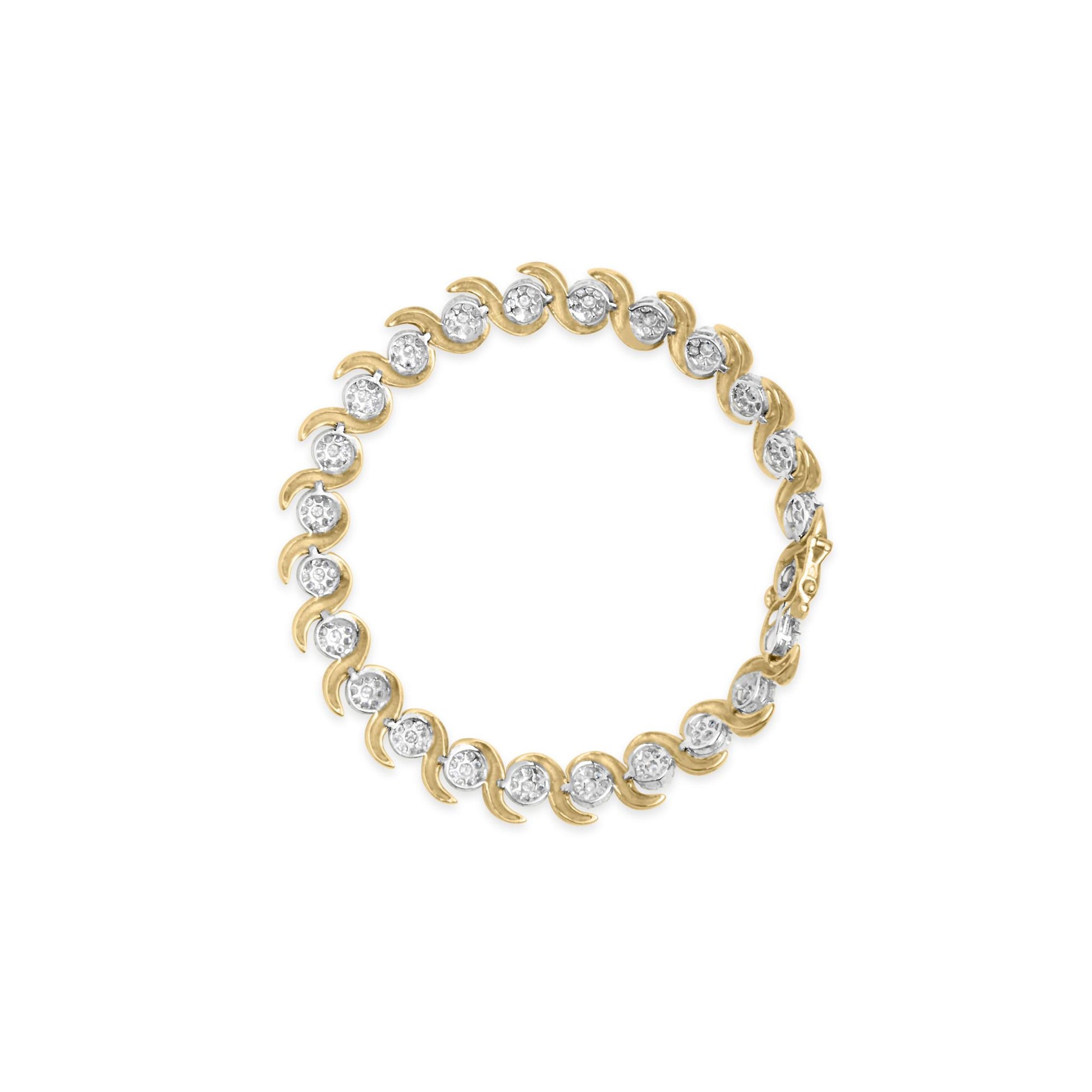 Top-down view of a yellow bracelet featuring alternating round white gemstones in a prong setting.