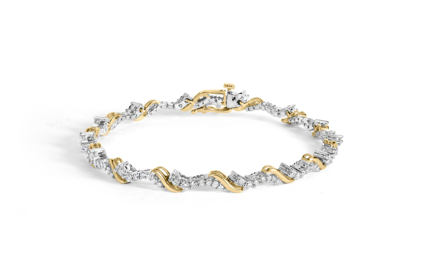 Bracelet with alternating yellow and white metal twisted design and prong-set round white gemstones, shown from a slight side angle on a white background.