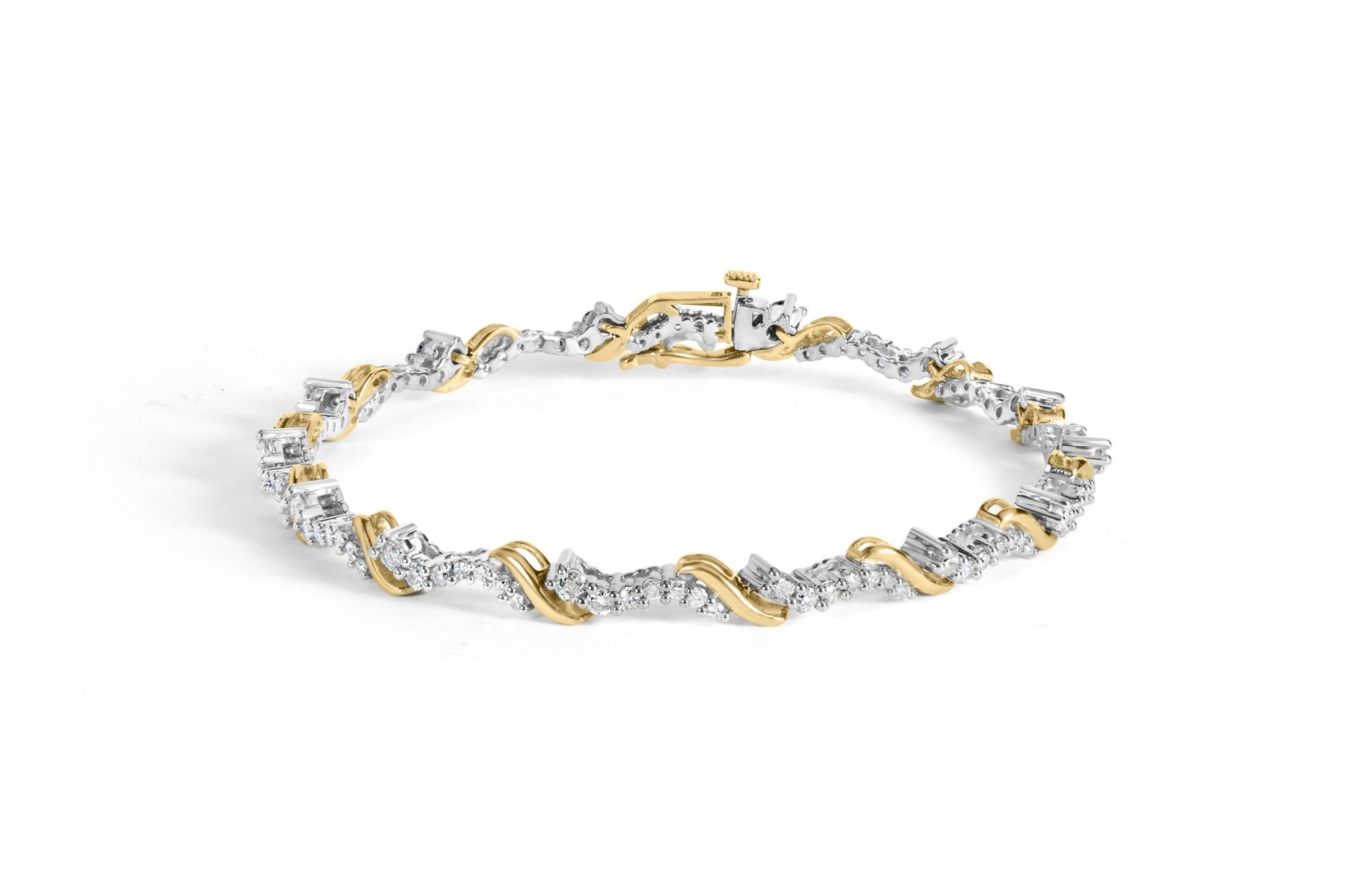 Bracelet with alternating yellow and white metal twisted design and prong-set round white gemstones, shown from a slight side angle on a white background.
