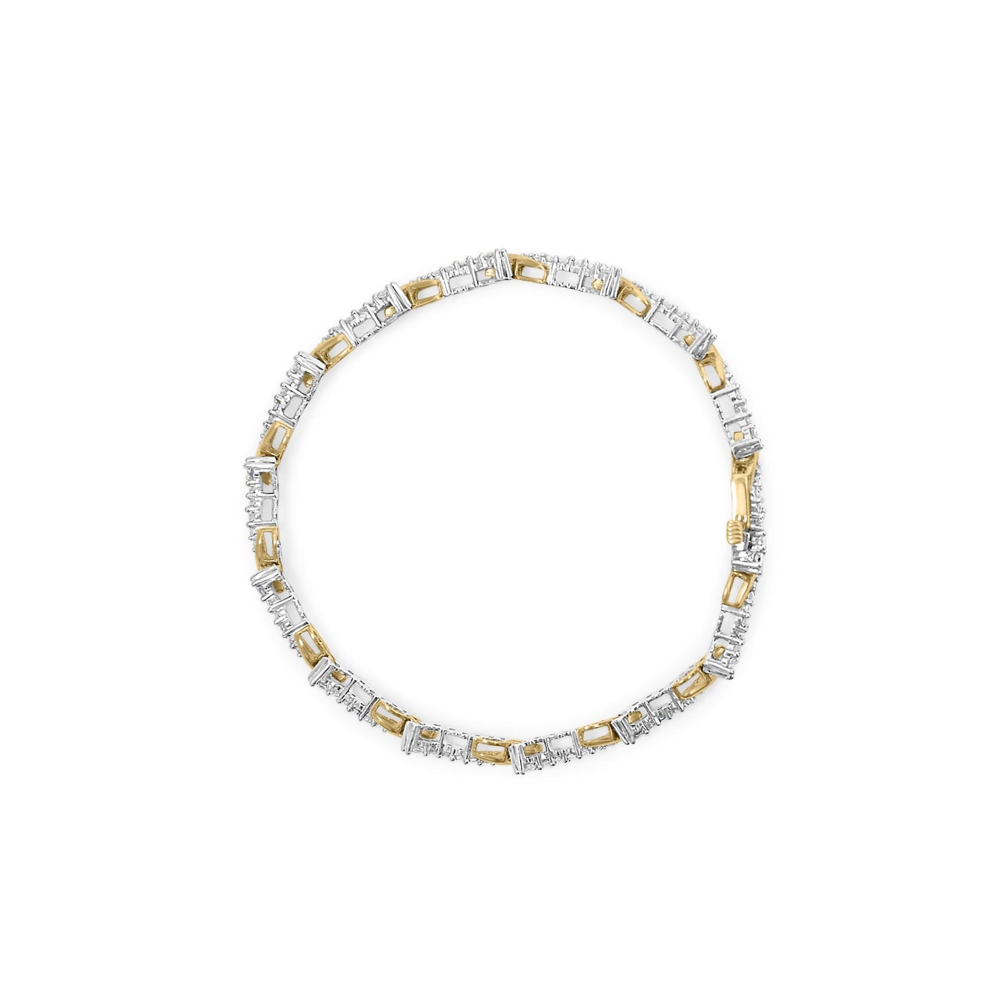Top-down view of a yellow and white metal bracelet with round white gemstones in prong settings.