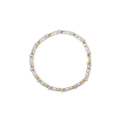 Top-down view of a yellow and white metal bracelet with round white gemstones in prong settings.