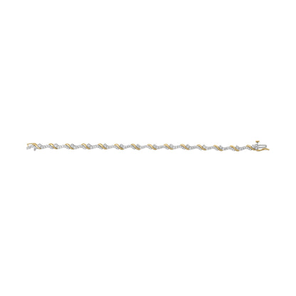 Bracelet photographed from above, showing a twisted design of alternating yellow and white metal segments adorned with round white gemstones in prong settings.