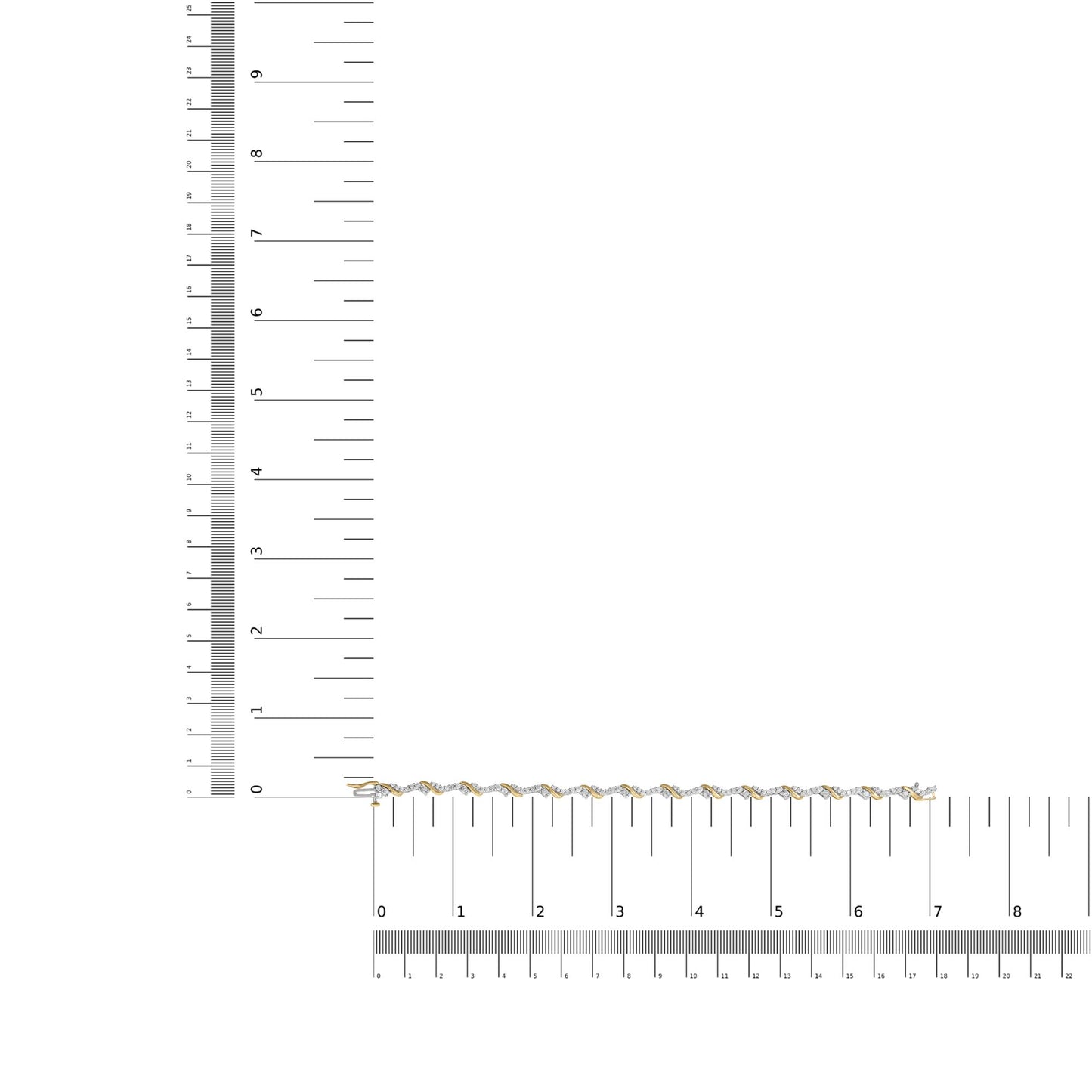 Bracelet with alternating yellow and white metal links set with round white gemstones in prong settings, displayed on a ruler for size reference, side view.