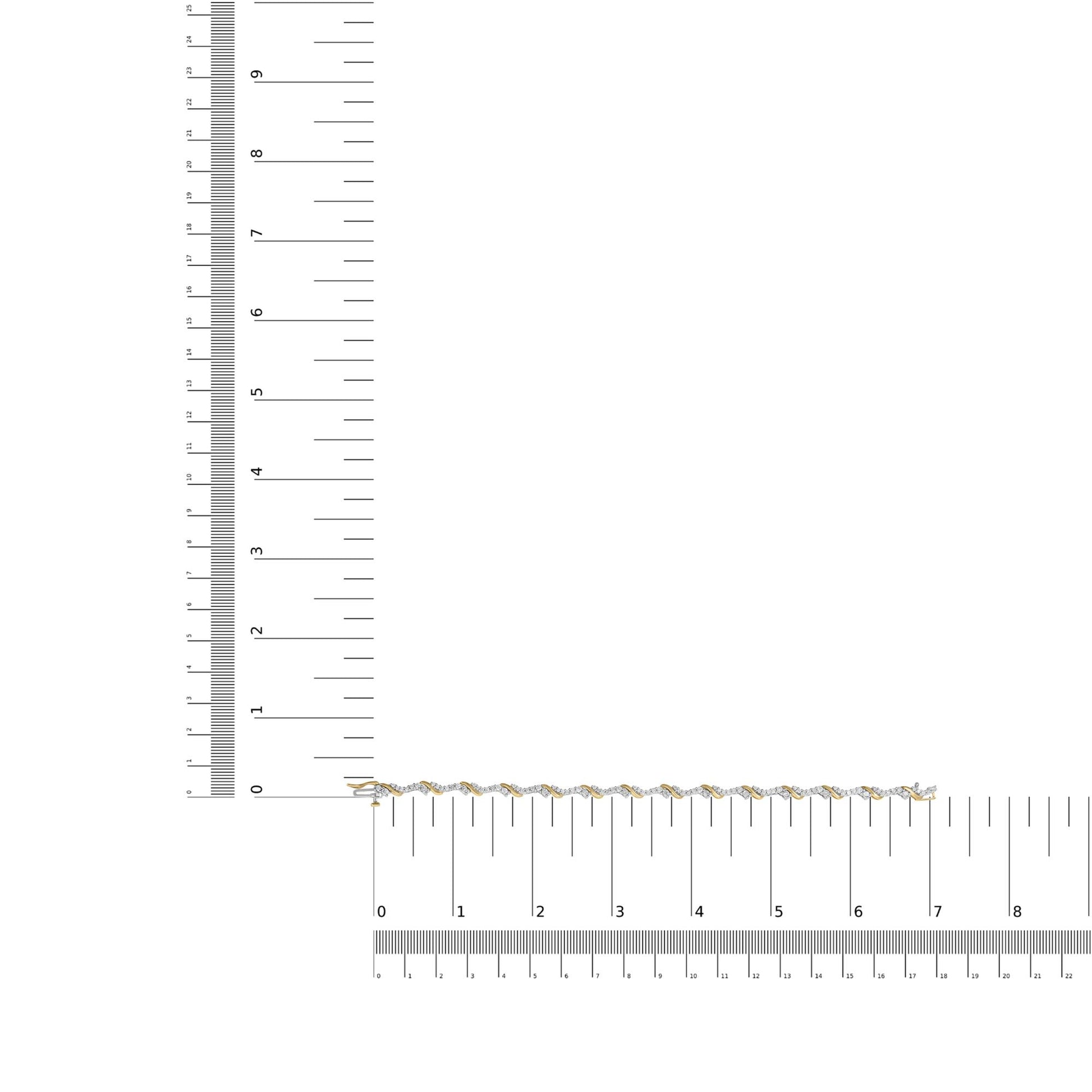 Bracelet with alternating yellow and white metal links set with round white gemstones in prong settings, displayed on a ruler for size reference, side view.