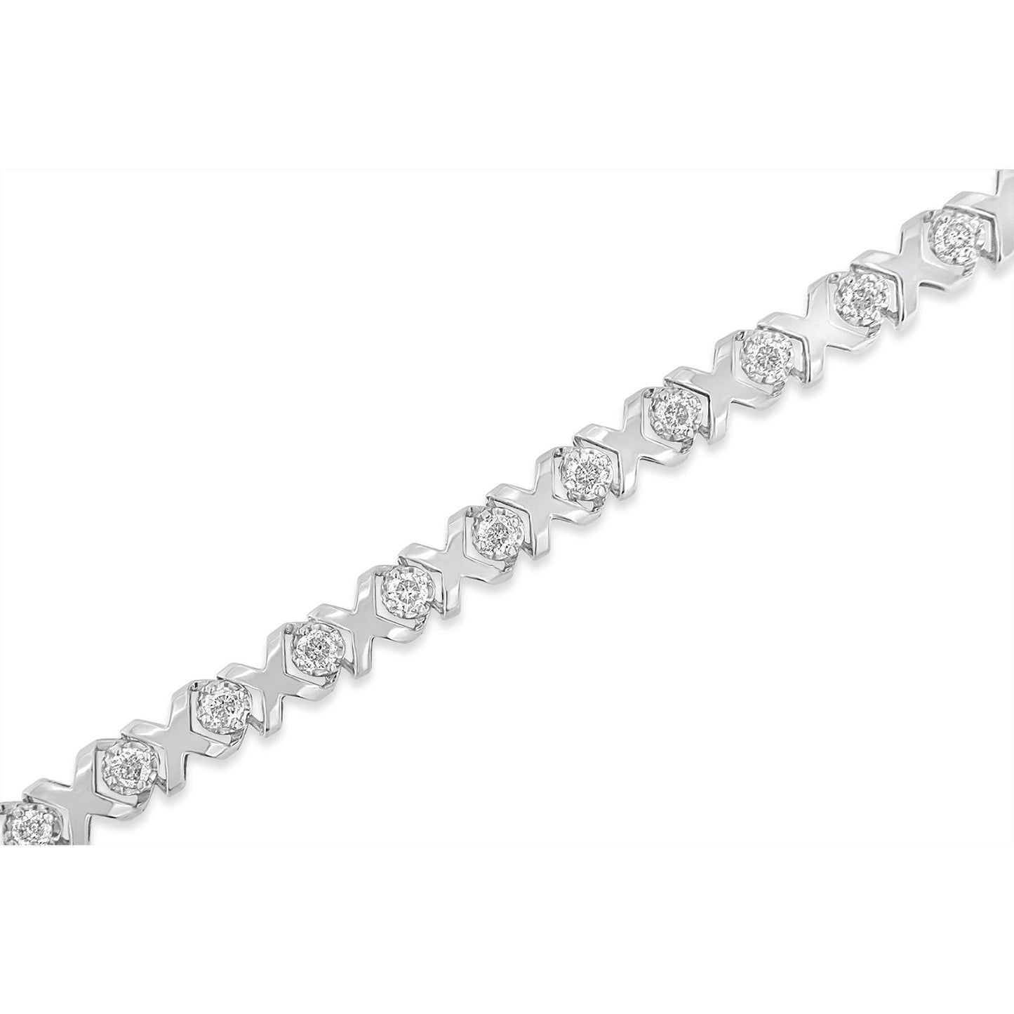 White metal bracelet with alternating X-shaped links and round prong-set white gemstones, shown in a diagonal close-up view.