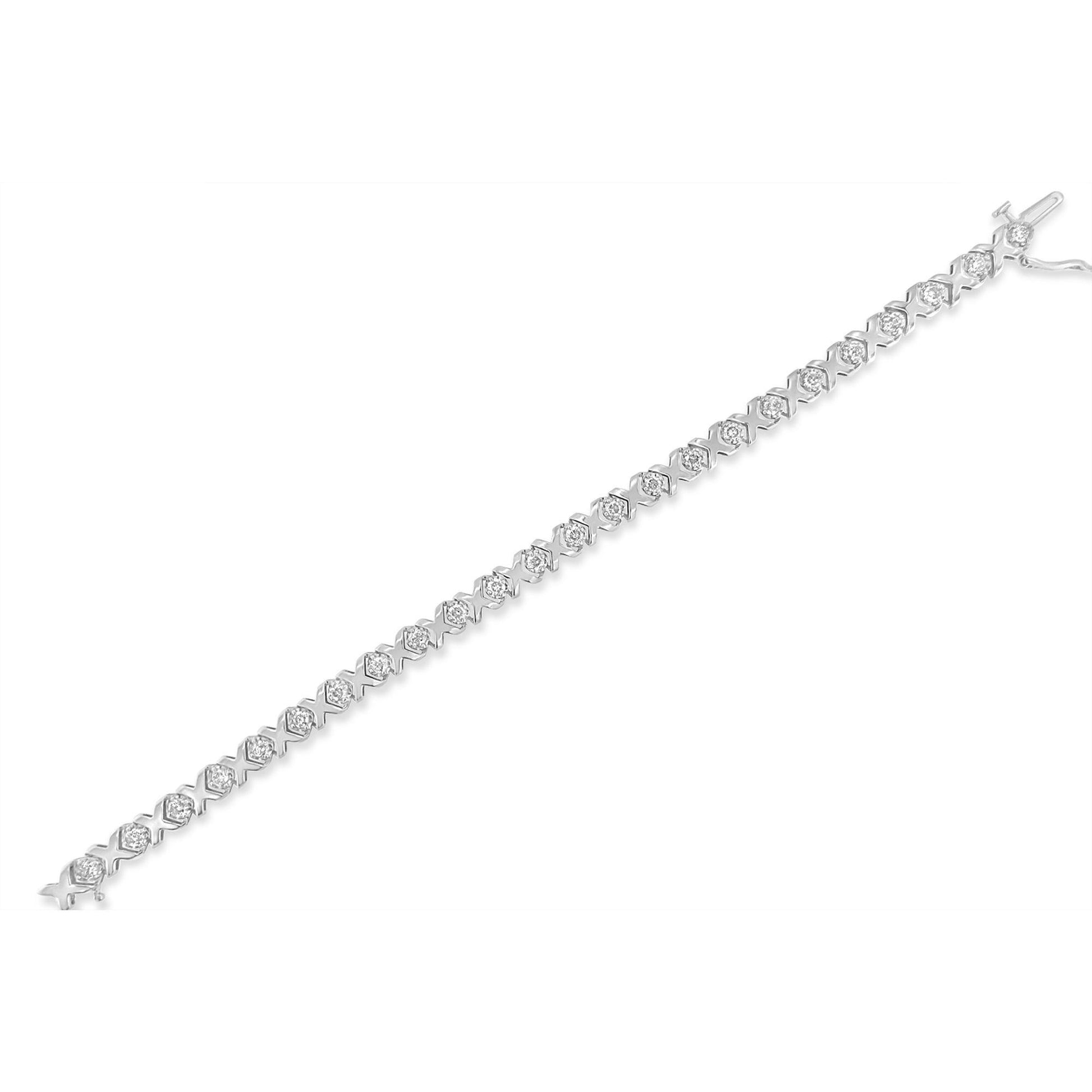 White metal bracelet with alternating round white gemstones in prong settings and X-shaped links, shown in a top-down angle.