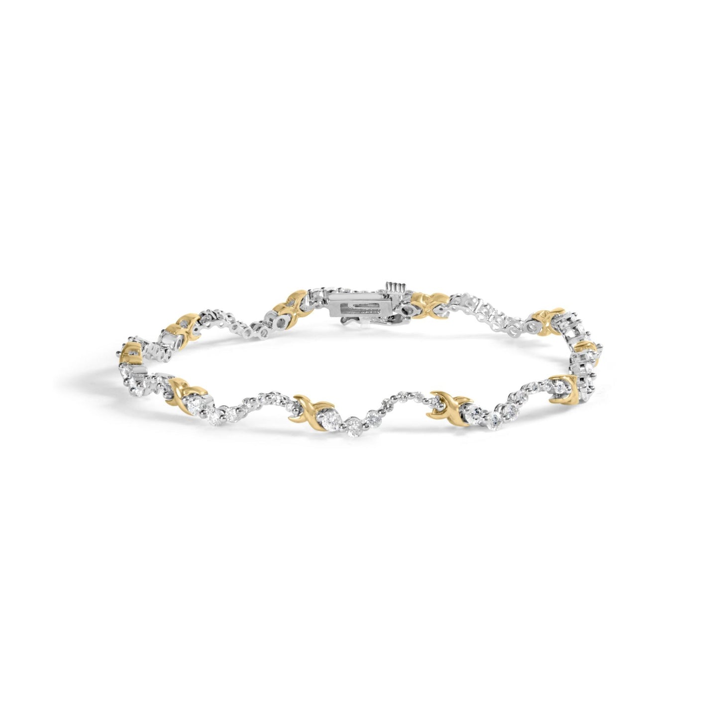 Bracelet with alternating yellow and white metal segments set with round white gemstones, shown in a front-facing angle on a white background.