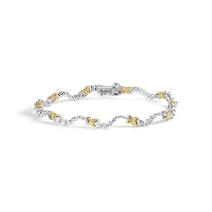 Bracelet with alternating yellow and white metal segments set with round white gemstones, shown in a front-facing angle on a white background.