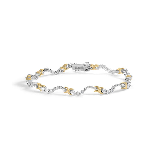 Bracelet with alternating yellow and white metal segments set with round white gemstones, shown in a front-facing angle on a white background.