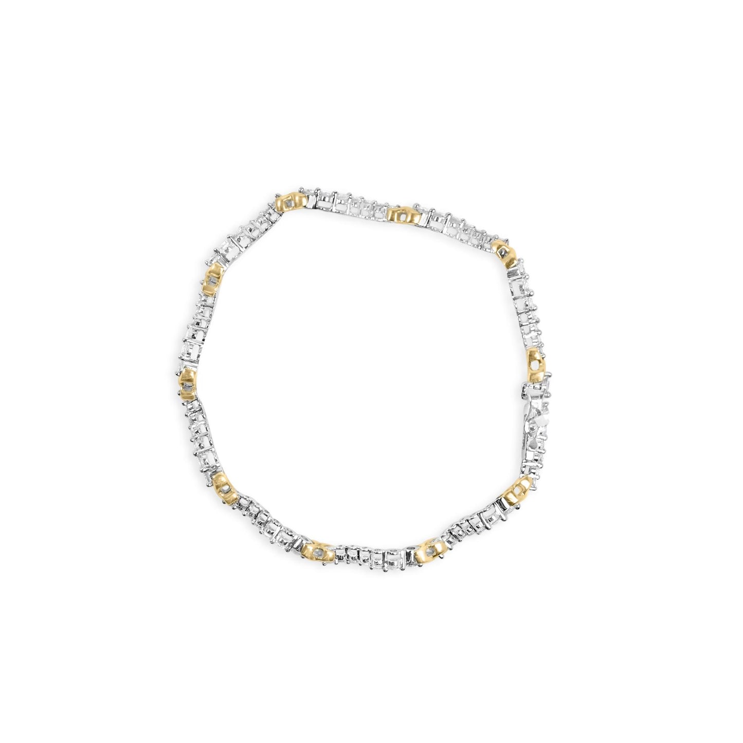 Top-down view of a yellow and white metal bracelet with alternating sections set with small round white gemstones.
