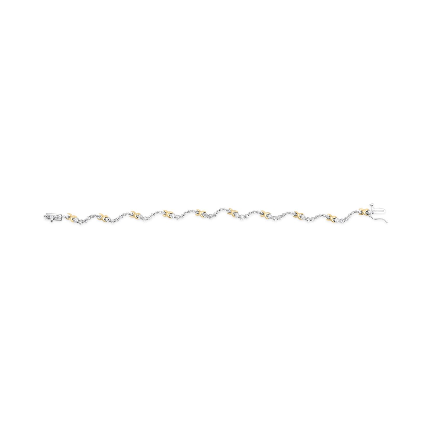 Bracelet with alternating yellow and white metal links, each white metal link adorned with round white gemstones in a 2-prong setting, shown flat from a top-down angle.