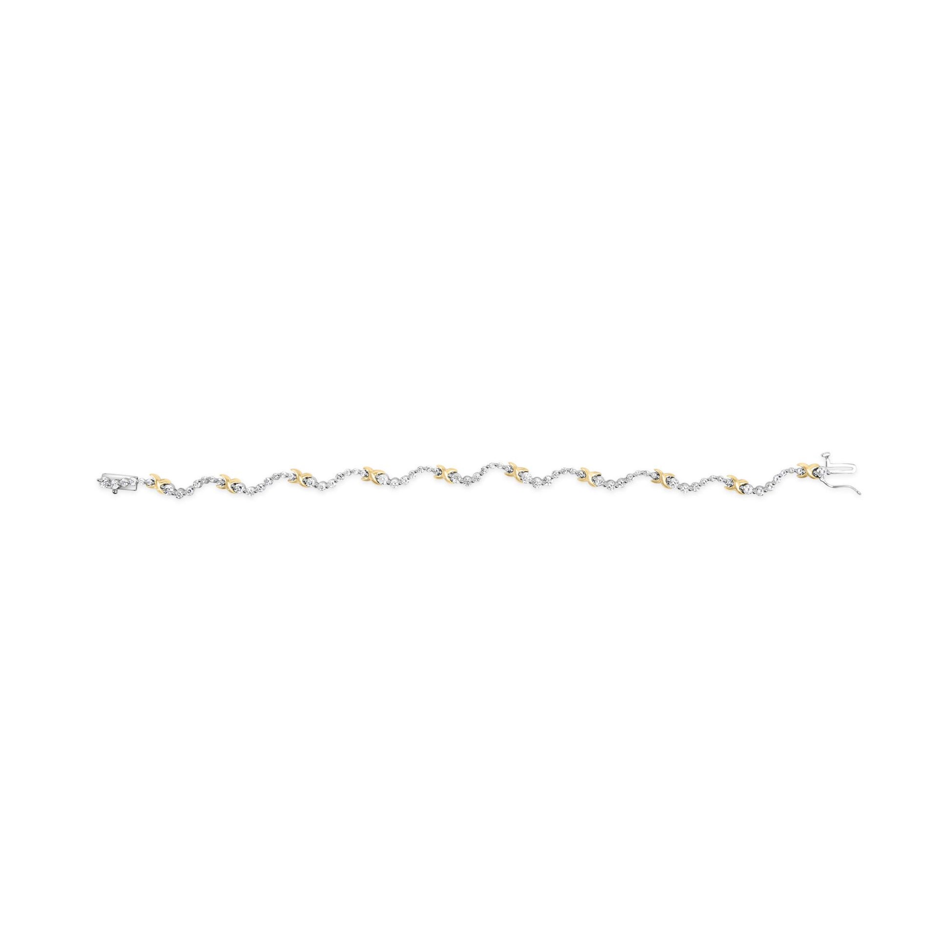 Bracelet with alternating yellow and white metal links, each white metal link adorned with round white gemstones in a 2-prong setting, shown flat from a top-down angle.