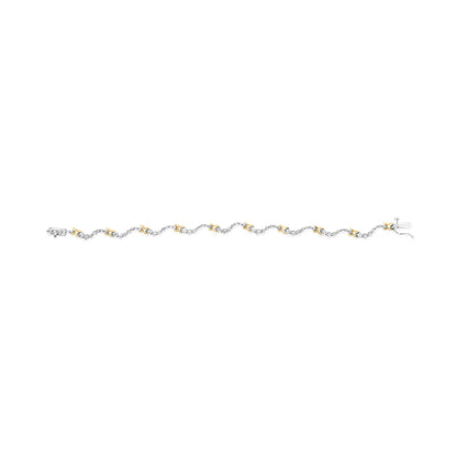 Bracelet with alternating yellow and white metal links, each white metal link adorned with round white gemstones in a 2-prong setting, shown flat from a top-down angle.