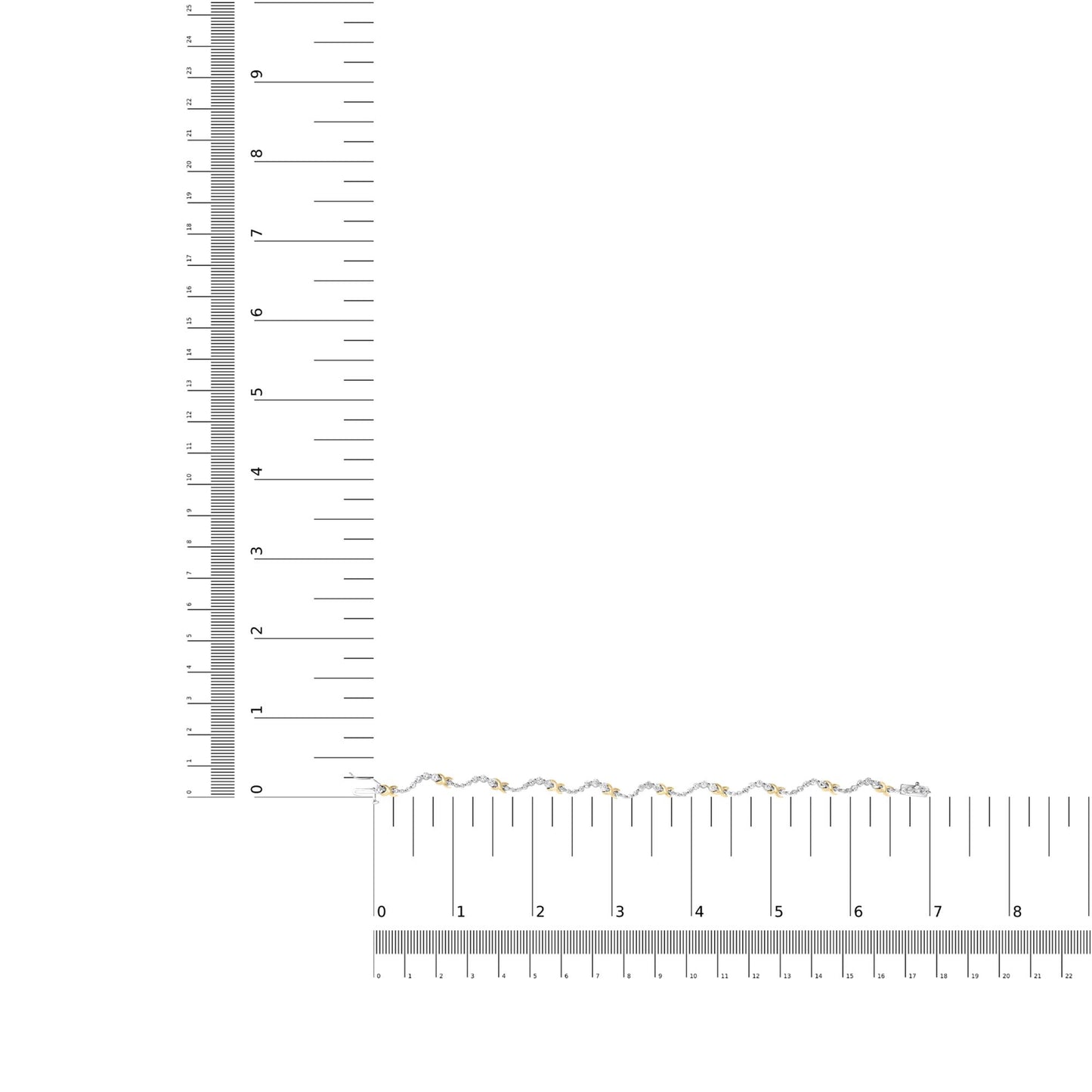 Bracelet with alternating yellow and white metal links set with round white gemstones, displayed flat on a ruler for size reference, shot from above.