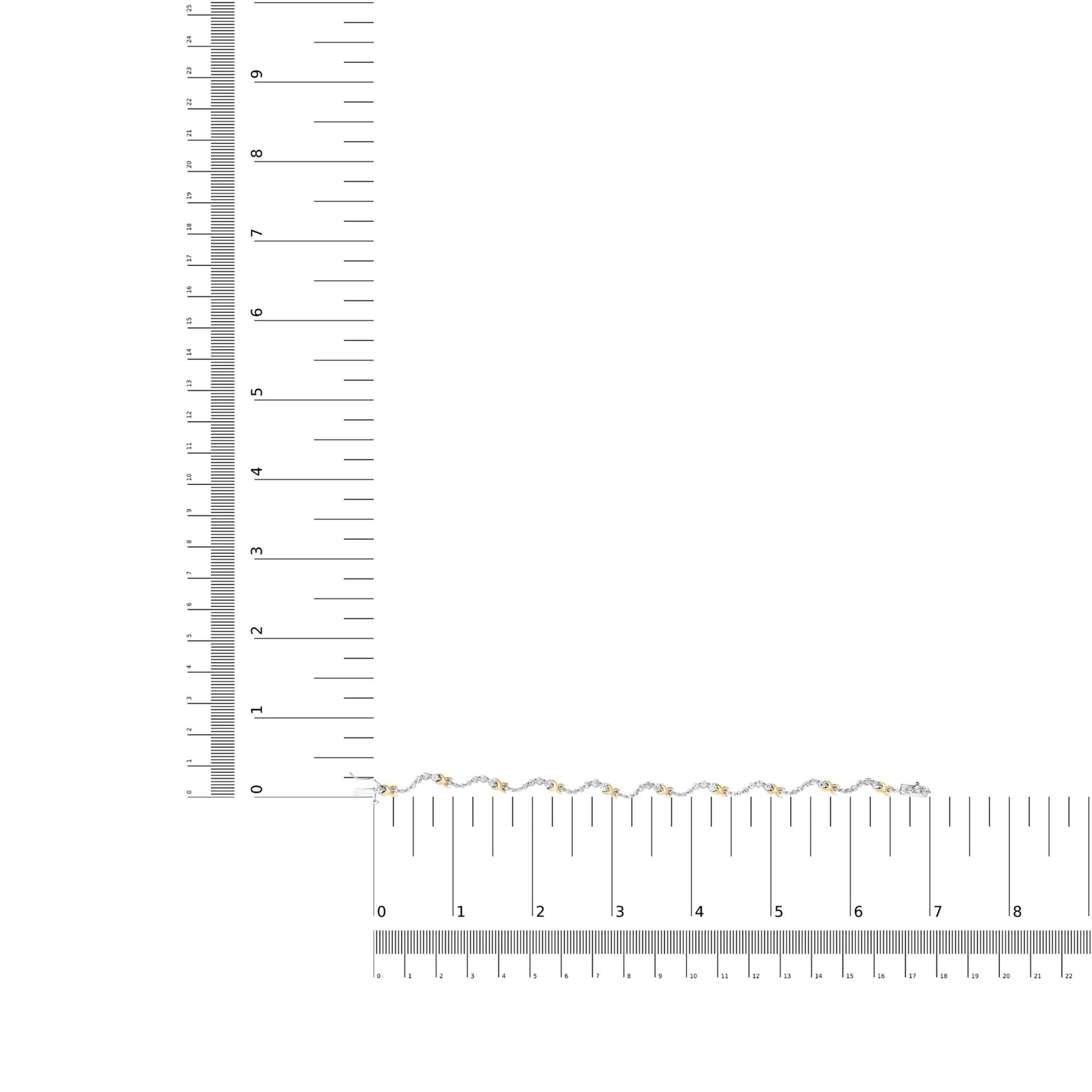 Bracelet with alternating yellow and white metal links set with round white gemstones, displayed flat on a ruler for size reference, shot from above.