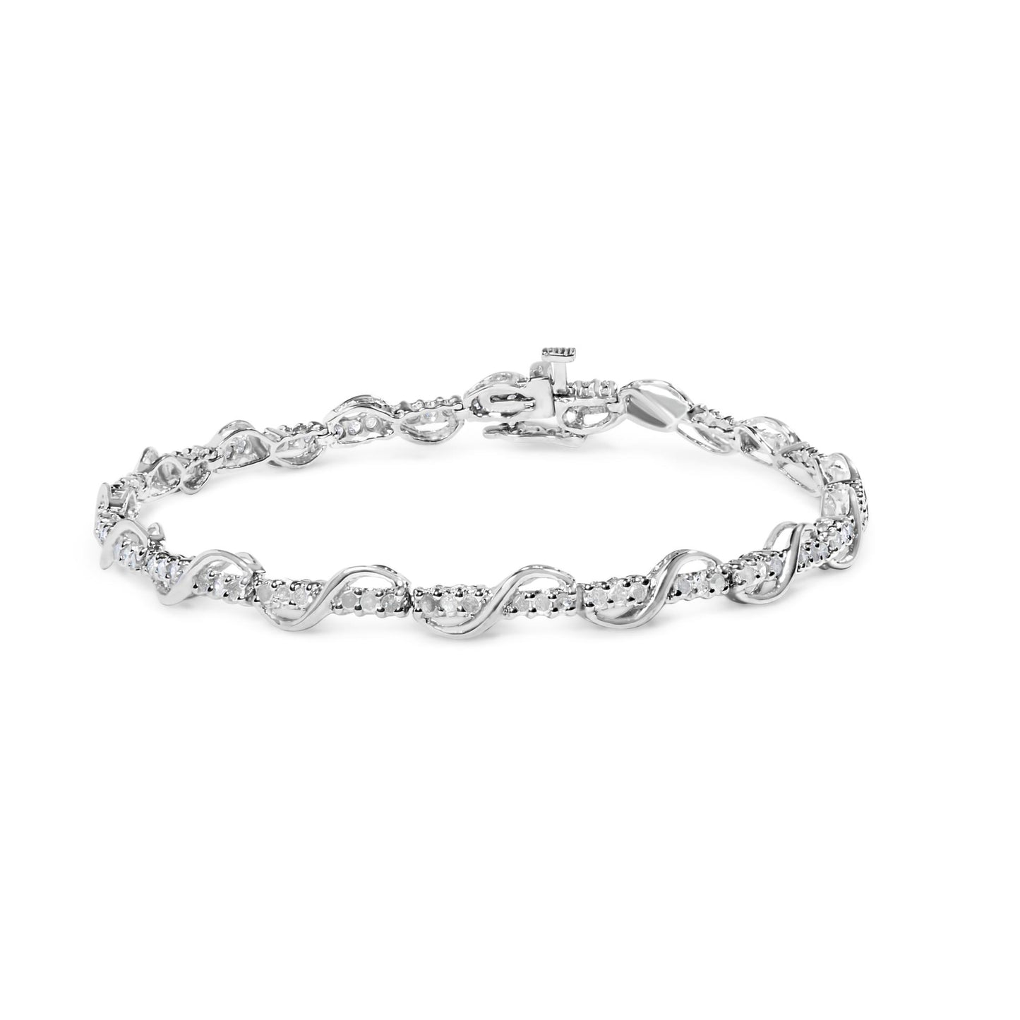 White metal bracelet with round white gemstones in prong settings, featuring a twist design, shown from a front angle on a white background.