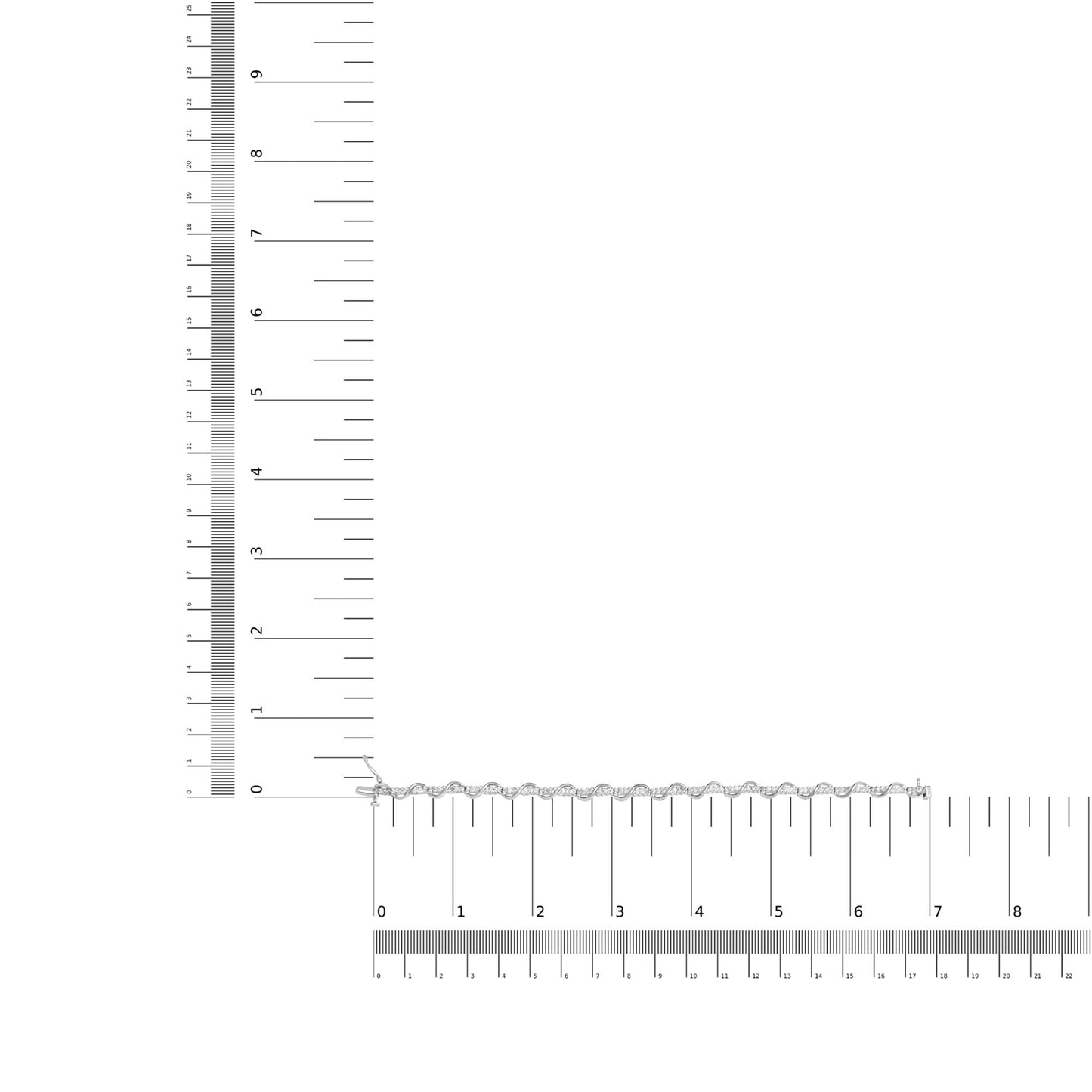 White metal bracelet with round white gemstones in prong settings, displayed flat on a ruler for size reference, top-down angle.