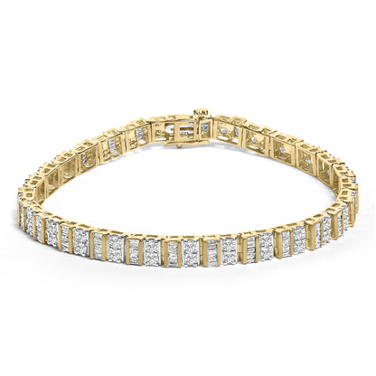 Yellow metal bracelet with alternating rows of round and baguette white gemstones, shown from a front angle on a white background.