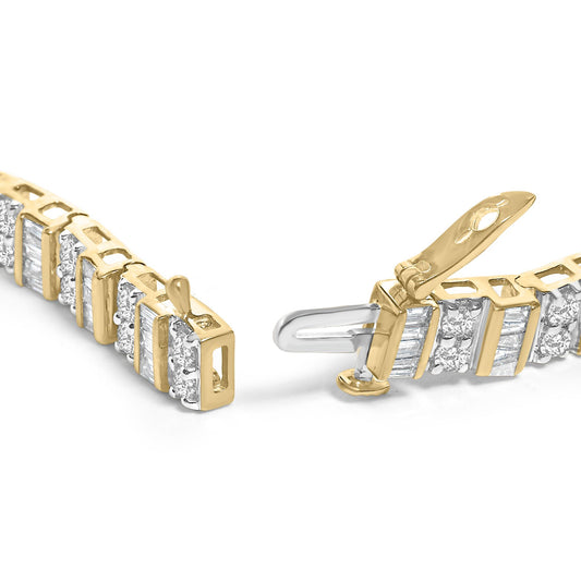 Close-up angle of a yellow bracelet featuring alternating round and baguette white gemstones, with the clasp open and visible.