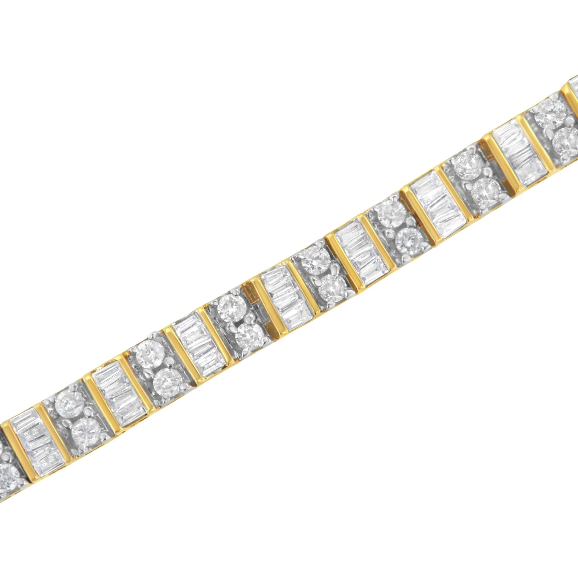 Close-up diagonal shot of a yellow bracelet featuring alternating sections of round prong-set white gemstones and baguette channel-set white gemstones.