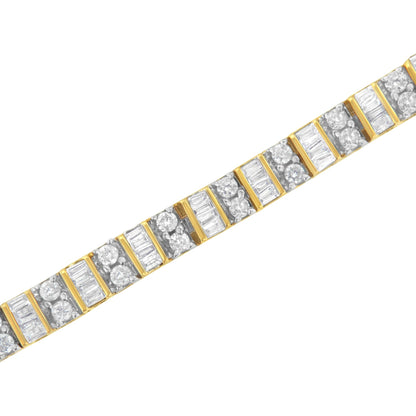 Close-up diagonal shot of a yellow bracelet featuring alternating sections of round prong-set white gemstones and baguette channel-set white gemstones.