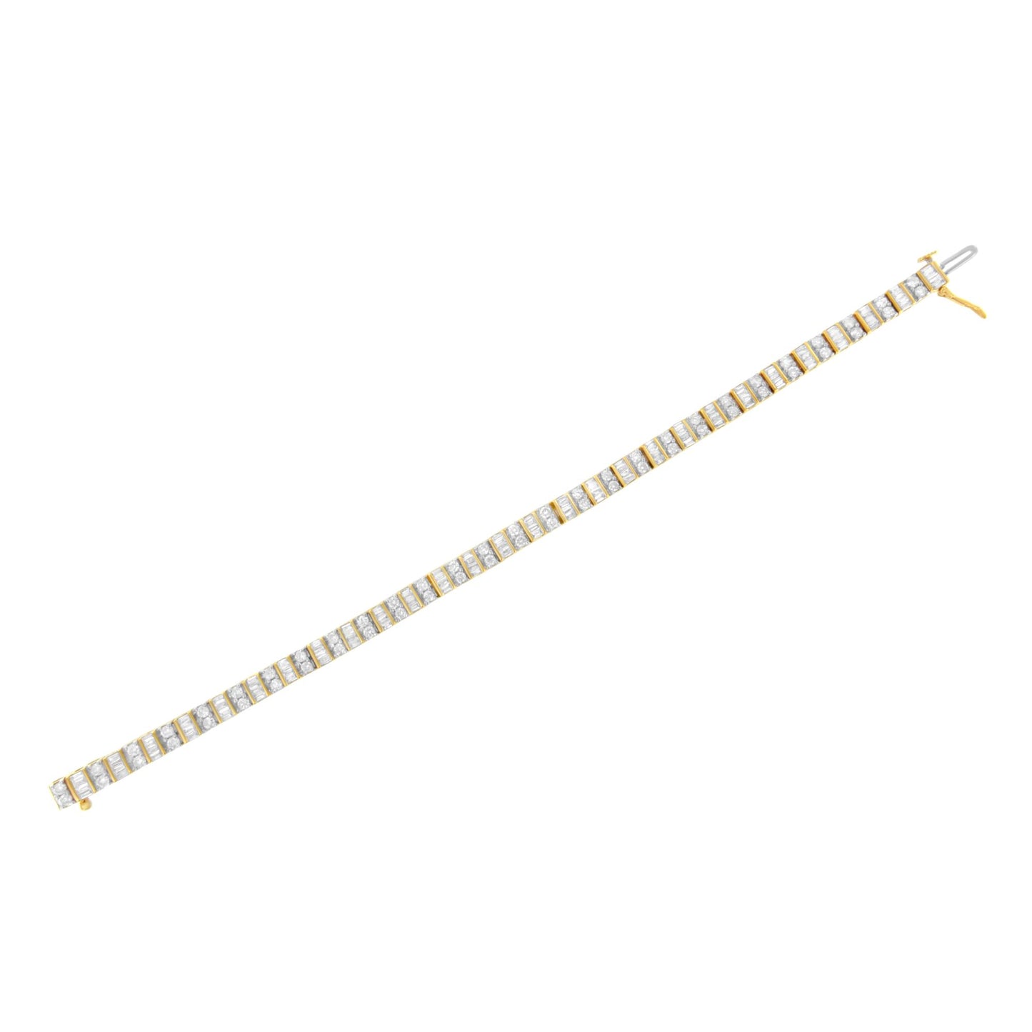Yellow metal bracelet with alternating rows of white round gemstones in prong settings and white baguette gemstones in channel settings, shown from a top-down angle.