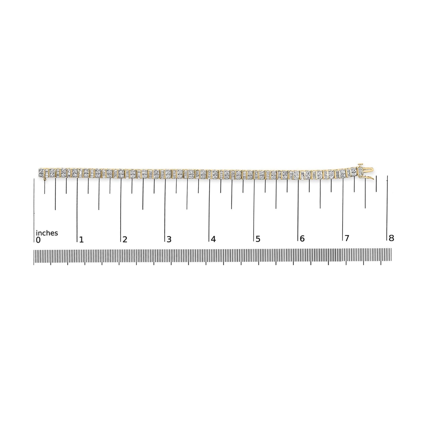 Top view of yellow bracelet with white round prong-set and baguette channel-set gemstones, placed on a ruler for size reference.