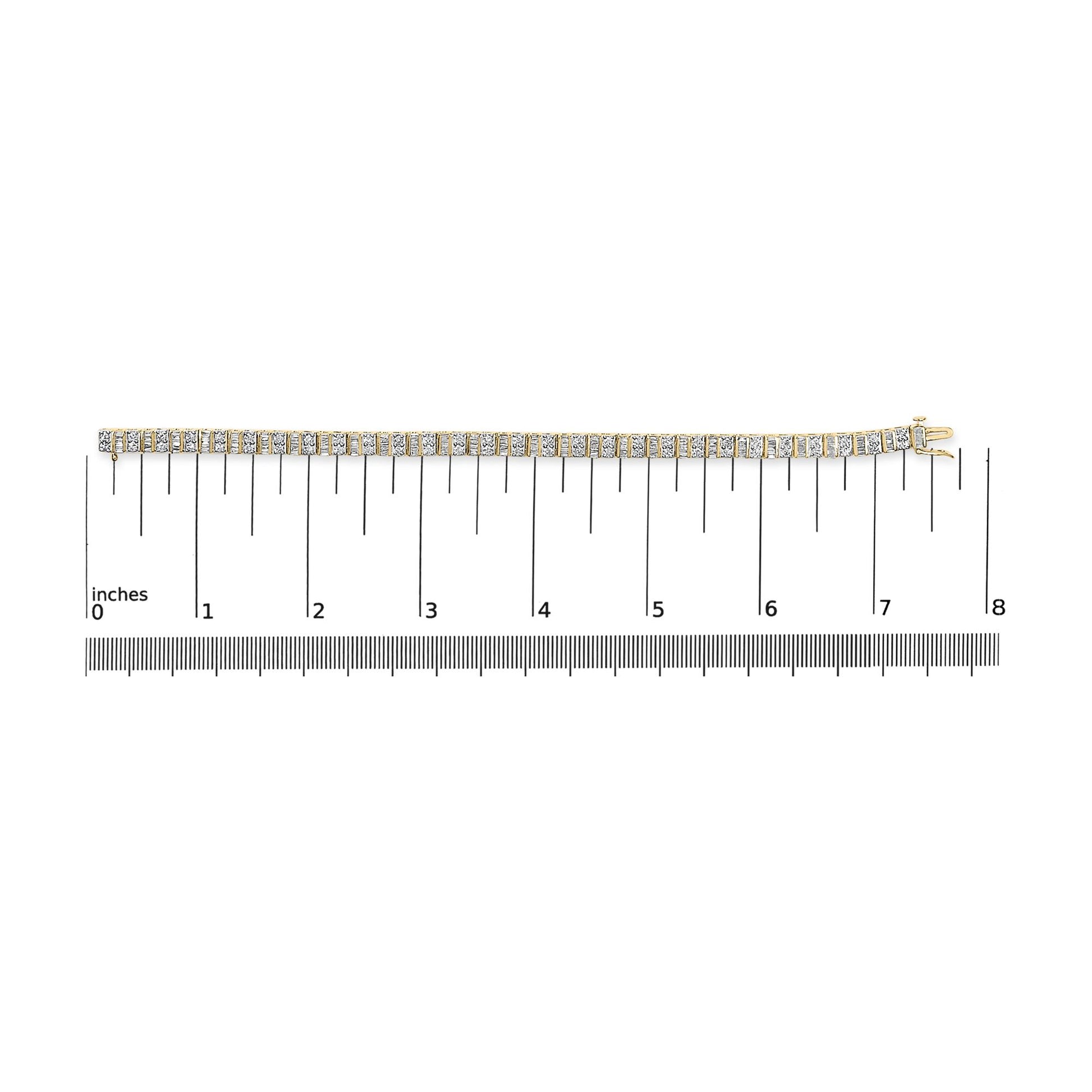Top view of yellow bracelet with white round prong-set and baguette channel-set gemstones, placed on a ruler for size reference.