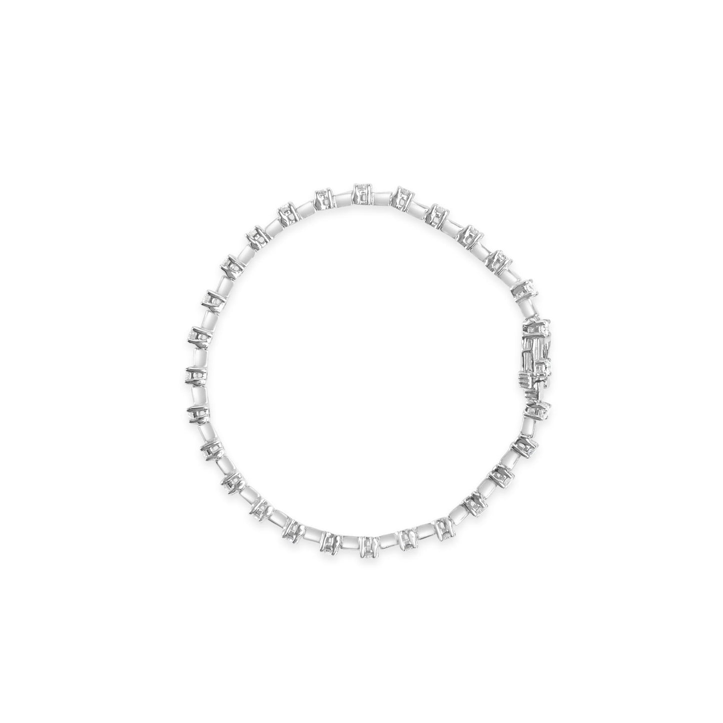 Top-down view of a white metal bracelet set with round white gemstones in prong settings forming a continuous circle.
