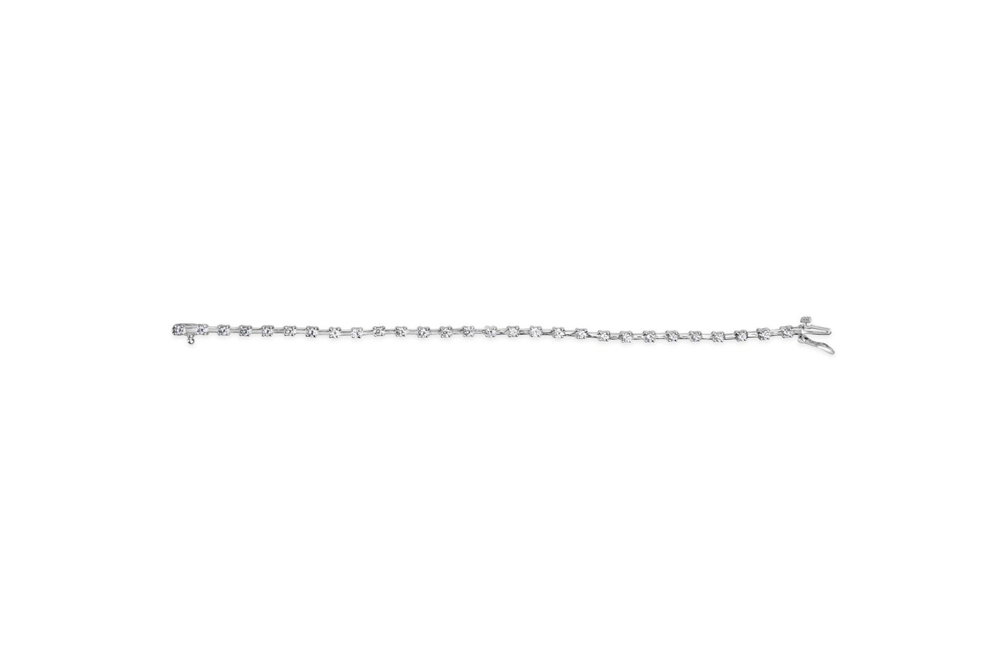 White metal bracelet with prong-set round white gemstones, shown from a top-down angle on a white background.