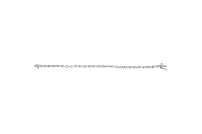 White metal bracelet with prong-set round white gemstones, shown from a top-down angle on a white background.